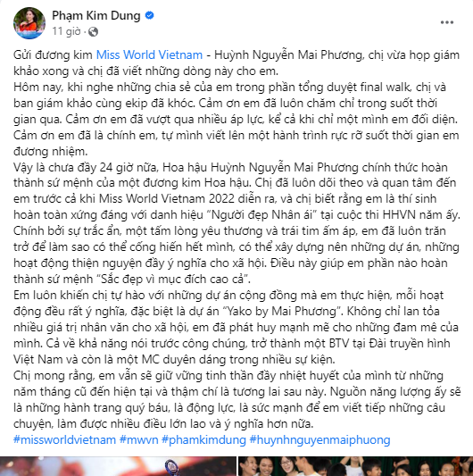 Chia sẻ của bà Kim Dung về HH Mai Phương trước thềm Chung kết Miss World Vietnam 2023.