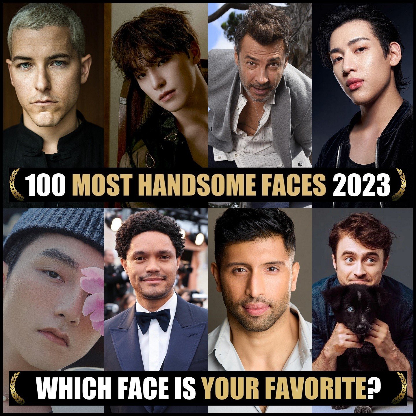 Sơn Tùng (ngoài cùng bên trái hàng dưới) có tên trong đề cử danh sách 100 gương mặt đẹp trai nhất thế giới của tạp chí TC Candler. Ảnh: FB TC Candler