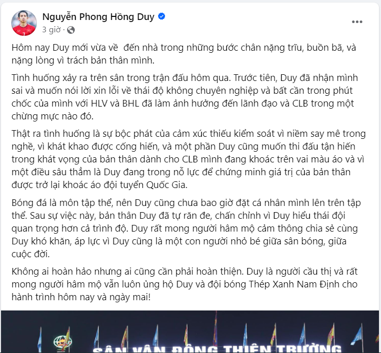 Vòng 3 V-League: Hồng Duy viết 'tâm thư' xin lỗi HLV cùng NHM Nam Định sau hình ảnh 'thiếu chuyên nghiệp' - Ảnh 1
