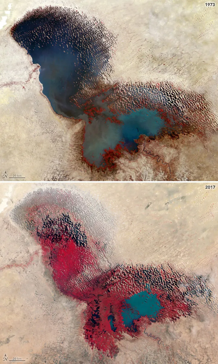 Hai bức ảnh về Hồ Chad chụp năm 1973 và 2017 cho thấy lượng nước mất đi đáng kể theo thời gian.. Sự thu hẹp của Hồ Chad được thể hiện trong những hình ảnh do vệ tinh Landsat-(trên cùng) Landsat 1 năm 1973 và Landsat 8 năm 2017 thu được. Sự kết hợp giữa ánh sáng nhìn thấy và tia hồng ngoại giúp phân biệt rõ hơn giữa thảm thực vật (màu đỏ) và nước (màu xanh và màu xám đá phiến). (Sahel, Châu Phi, biến đổi khí hậu). Ảnh: Dữ liệu vệ tinh Landsat của Đài quan sát Trái đất của NASA/Hoa Kỳ Khảo sát địa chất/NASA/JSC