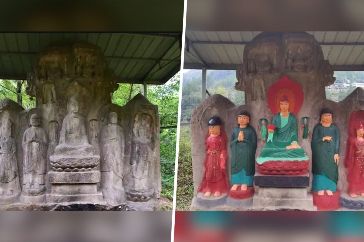 Một bộ tượng Phật 1.400 năm tuổi ở Trung Quốc đã vô tình bị dân làng sơn vẽ lòe loẹt làm hư hại. Ảnh: Baidu