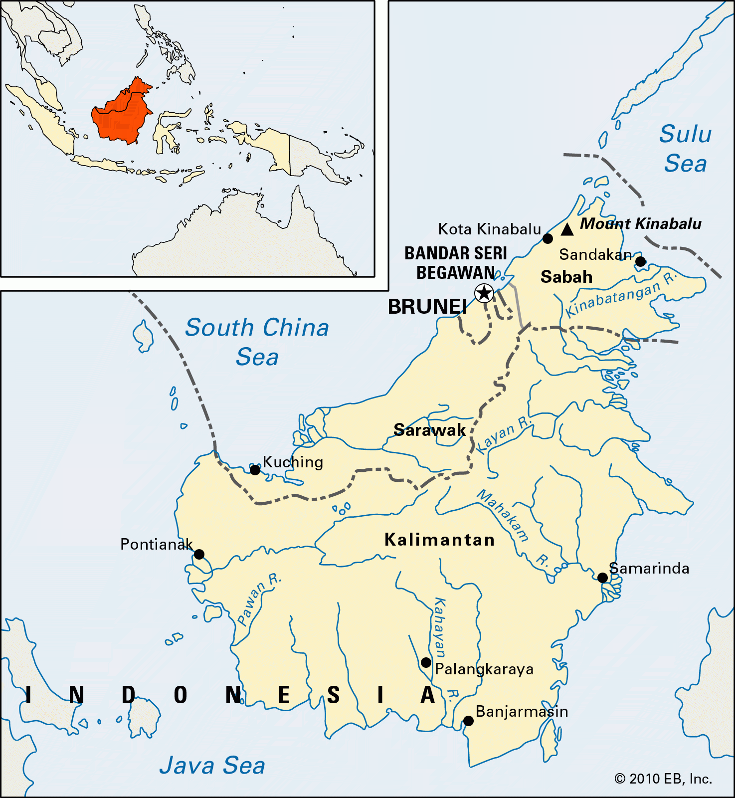 Borneo: bản đồ chính trị/vật lý. Ảnh: Encyclopædia Britannica, Inc.
