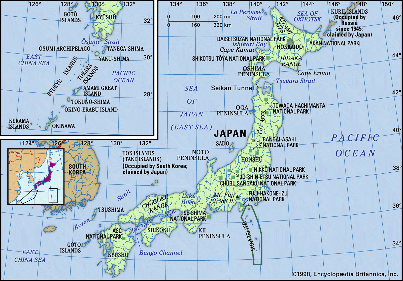 Nhật Bản - bản đồ đặc điểm vật lý Bao gồm định vị. Ảnh: Encyclopædia Britannica, Inc.