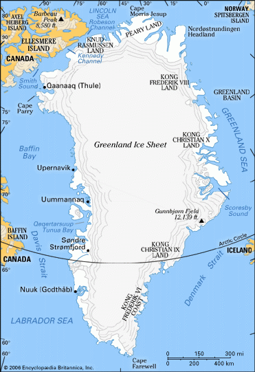 Bản đồ của Greenland. Ảnh: Encyclopædia Britannica, Inc.