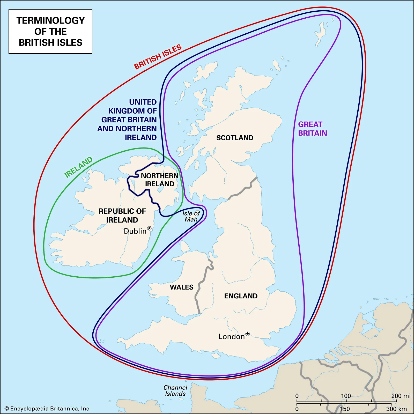 Bản đồ thuật ngữ của Quần đảo Anh, Vương quốc Anh, Nước Anh, Ireland. Ảnh: Encyclopædia Britannica, Inc./Kenny Chmielewski